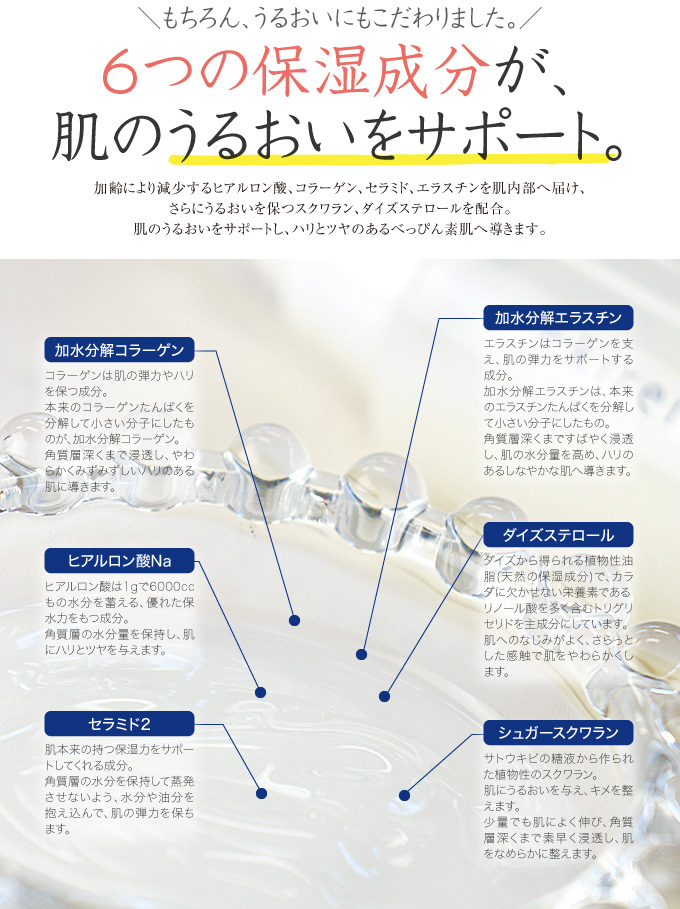 6つの保湿成分が肌のうるおいをサポート。加齢により減少するヒアルロン酸、コラーゲン、セラミド、エラスチンを肌内部(角質層)へ届け、さらにうるおいを保つスクワラン、ダイズステロールを配合。