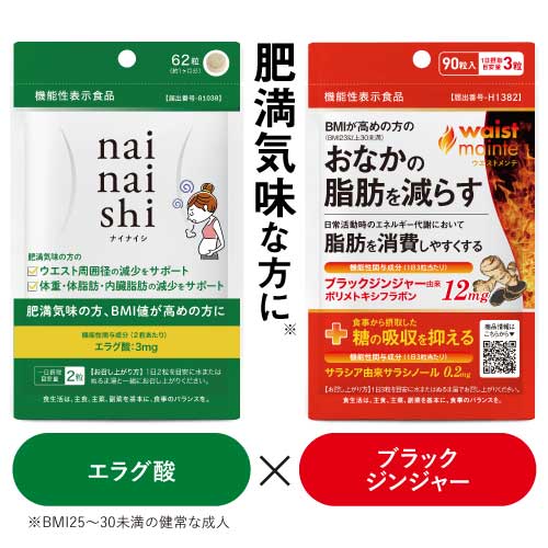 肥満気味の方 中世脂肪が気になる BMI高めの方 お腹の脂肪を減らす 機能性関与成分 エラグ酸 ブラックジンジャー サラシア