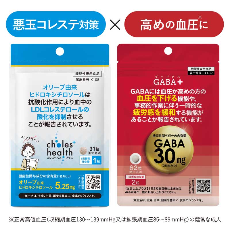GABA+ ギャバタス 高めの血圧が気になる方に（正常高値血圧の健常成人 高血圧ではない）/ コレスヘルス LDLコレステロール が気になる方に 血中悪玉コレステロールの酸化を抑制